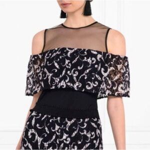 Anne Fontaine Navy Blue Lace Black Mesh Perou Top Off The Shoulder Blouse Shirt